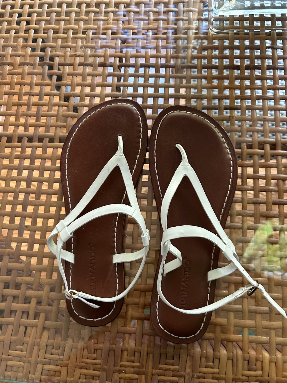 Bernardo White Leather Strappy Sandals with Brown Footbed